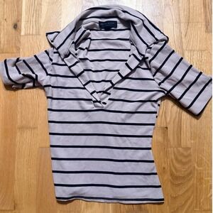 SEE YOU MONDAY Ribbed Striped Collar Neck Top XS‎ Beige Black Casual